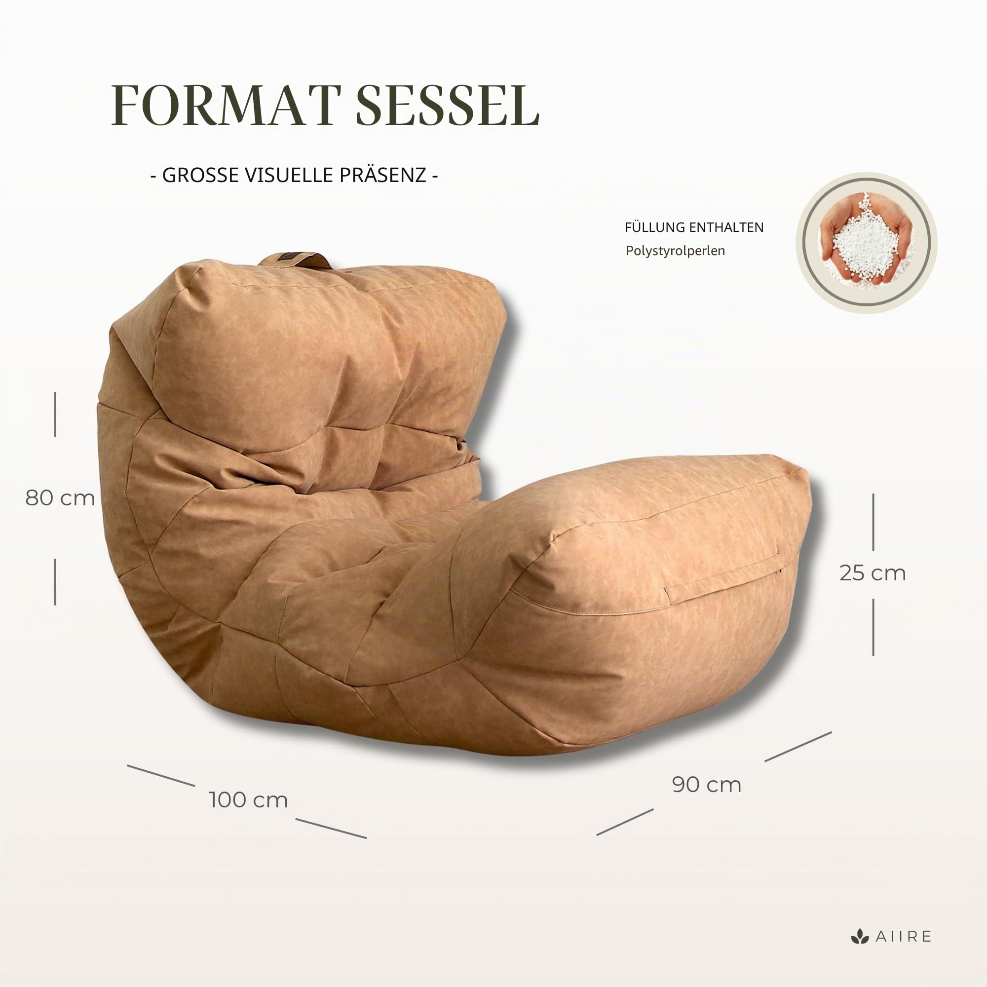 Aiire Relaxo Sitzsack XXL für Kuschelecke - Bean Bag Design aus Kunstleder mit Füllung - Riesen Sitzsäcke Erwachsene, Sitz Sack Flauschig - Bodenkissen Grob, Bodenstuhl, Bodensessel Beige