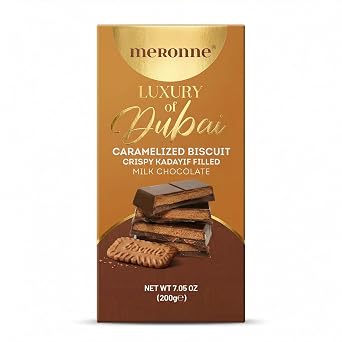 Meronne Dubai Chocolate Bar 7.05 oz 200g Milk Chocolate Filled with Caramelized Biscuit Cream & Crispy Kadayif No Artificial Colors or Preservatives