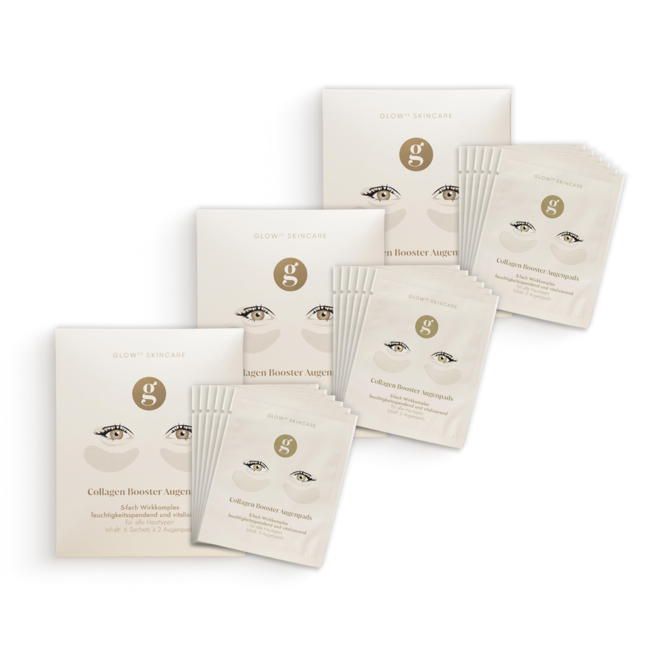 Glow25® Kollagen Augenpads [3x6 Sachets] mit 18 Highlight-Wirkstoffen – Eye Pads mit Hyaluronsäure – Aktiviert Kollagenbildung – frei von Silikonen, Parabenen
