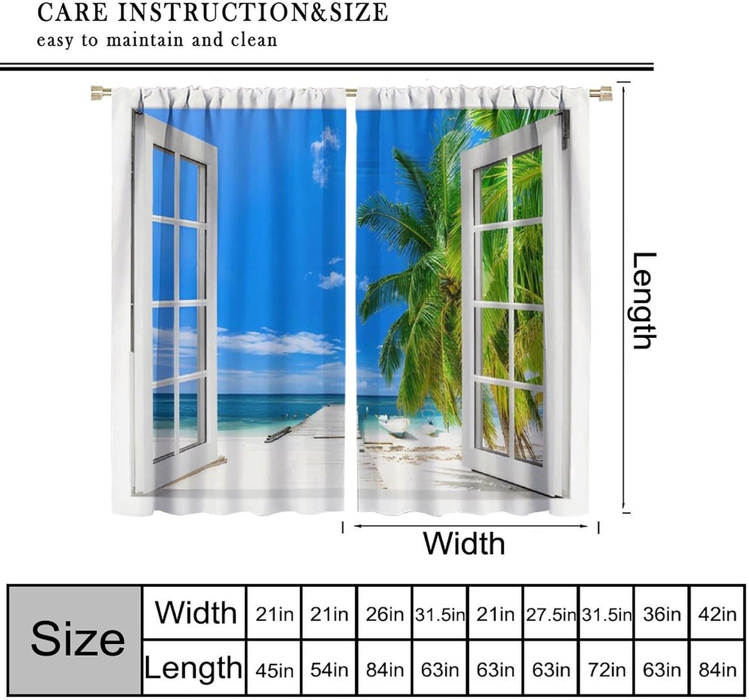 Ocean Beach Curtains, Wood Window Landscape Tropical Island Palm Trees Beautiful View Print Window Treatment for Kitchen Living Room Bedroom Office Drapes, 42x45 Inch