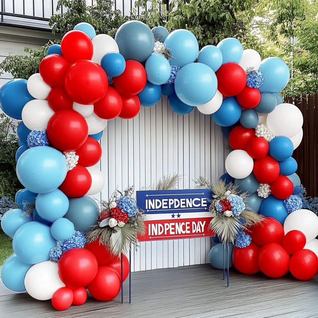 Red Blue White Balloon Arch Double Stuffed Navy Royal Dusty Blue Ruby Red Balloon Garland Kit with Latex for Birthday Baseball Baby Shower Nautical Graduation Veterans Day Party Decoration