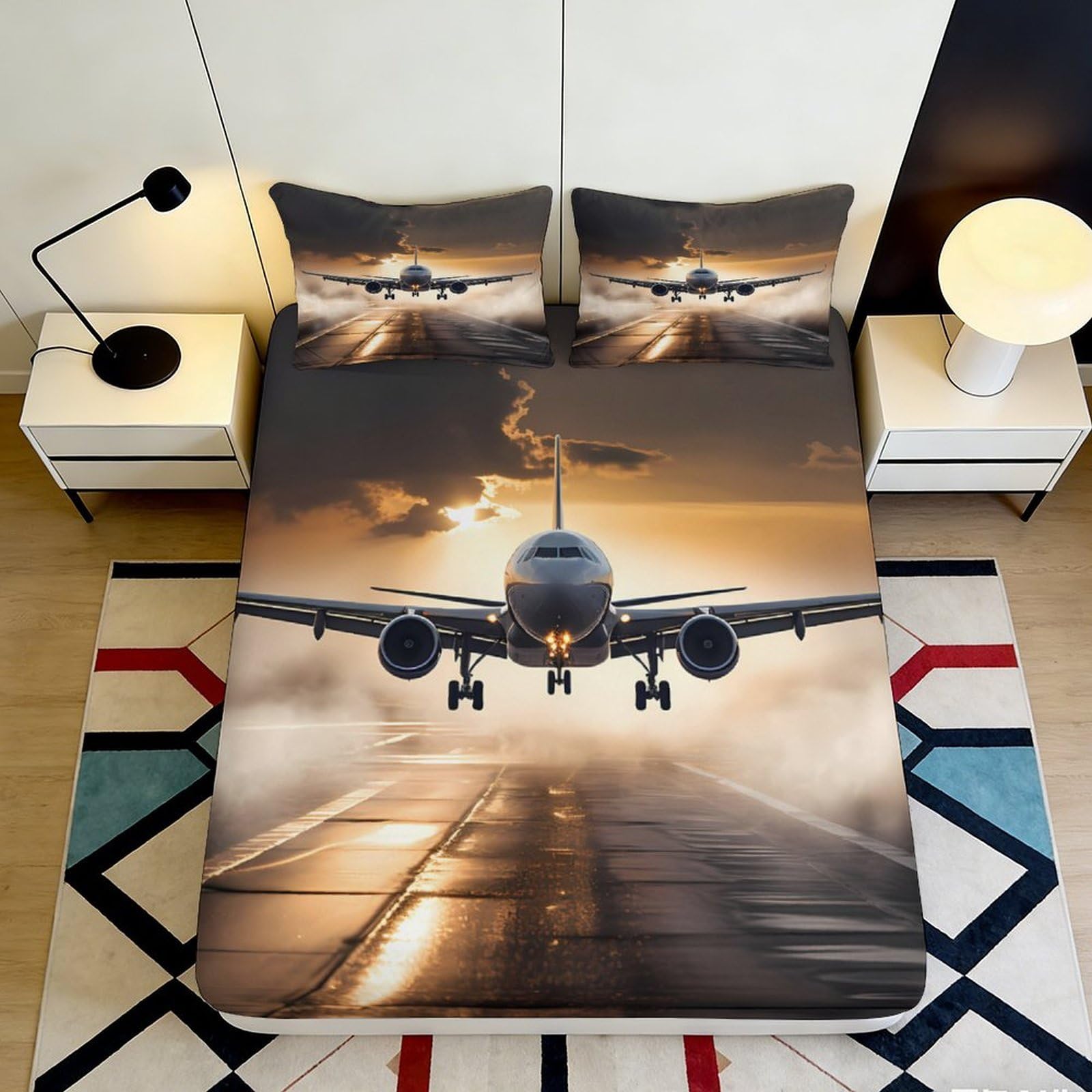 3D Printed Airplane Fitted Sheet Microfiber Soft Breathable Runway Bed Cover for Bedroom Dormitory Guest Room Mattress Protection Decor 120x200x25cm