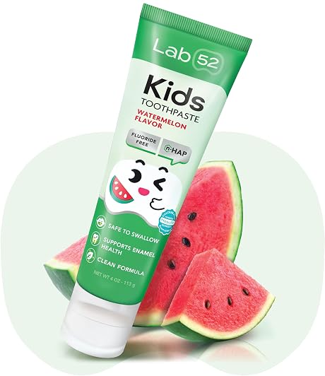 LAB52 Fluoride-Free Kids Toothpaste, Nano-Hydroxyapatite Training Toothpaste for Toddler & Children Daily Oral Care, Supports Enamel Health, Safe if Swallowed, Xylitol Watermelon Flavor