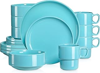 LOVECASA 16 Pieces Dinnerware Set, Porcelain Dinner Sets, 16-Piece Dishes Dinner Sets, Dinner Plates, Dessert Plates, Bowls and Mugs, Service for 4, Light Blue