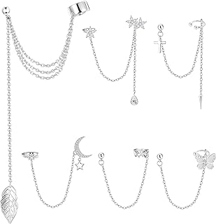 6 Pcs Ear Cuff Moon Star Cuff Earrings Chain Butterfly Wrap Clip on Earring Crawler Earrings Dangling Chain Cuff Earrings for Women