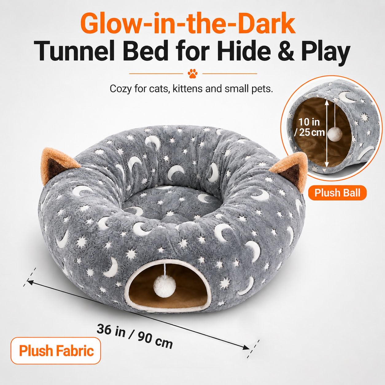Tubo de cama de túnel para gatos con cojín y bola de peluche, juego de juguete arrugado, tela de franela autoluminosa, 3 pies para gatos grandes, gatitos, cachorros, pequeños, gris, estrella