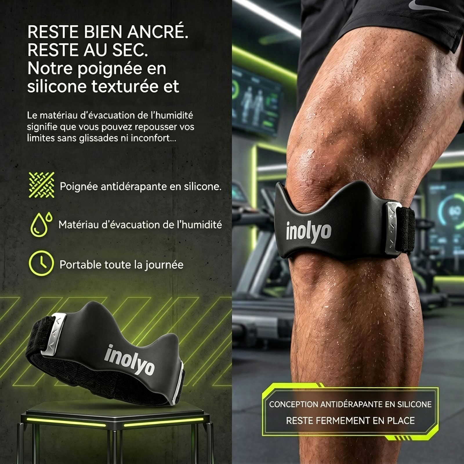 Inolyo Pour Genoux, Sangle Rotulienne Genoux, Genouillere Arthrose Genou, Sangle Silicone Ajustable, Respirante, Antidérapante, pour la Course, le Sport et les Activités Quotidiennes