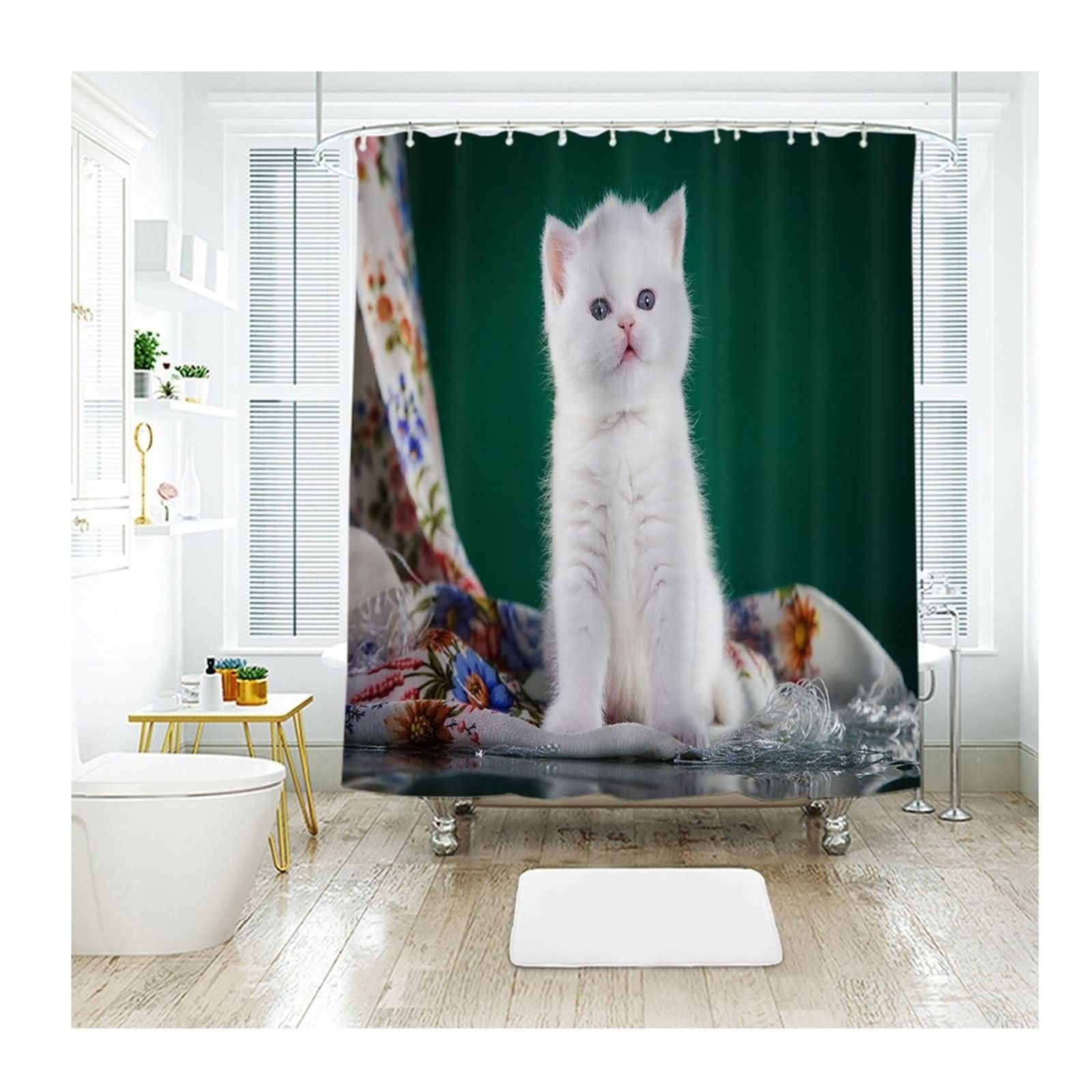 Tenda da doccia in poliestere, multicolore, impermeabile, motivo gatto bianco, 200 x 180 cm