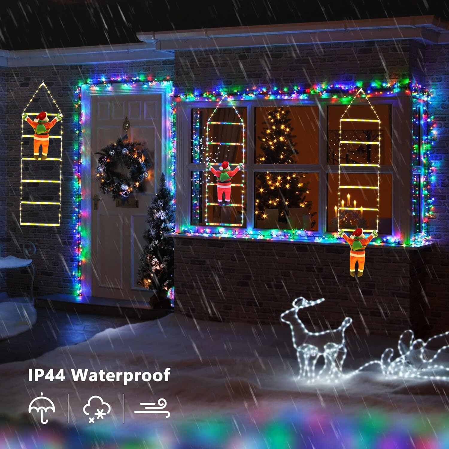 iShabao 1M Luci Decorazioni Natale per Esterno, 132LED Luce Addobbi Natale a Scaletta, 8 Modalità Funzione Timer e Memoria, Luci Natalizie per Interno Balconi Finestre(Colorate)