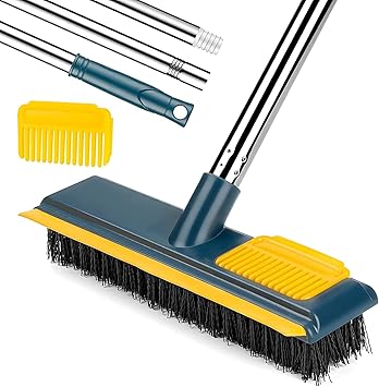 JICOOT Floor Scrub Brush with Comb and Squeegee, 2 in1 Soft Scrape and Stiff Bristle Brush with Long Handle, Cleaning Brushes for Deck, Bathroom, Tub, Tile, Grout, Kitchen, Swimming Pool, Patio