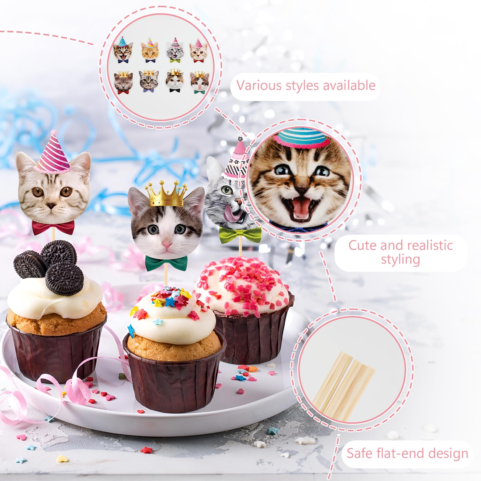 24 Stück Katzen Cupcake-Topper - Schwarz Glitzer, Aus Papier, 6,5-6,6 Cm Breit, 9,9-10 Cm Hoch, Für Mottopartys