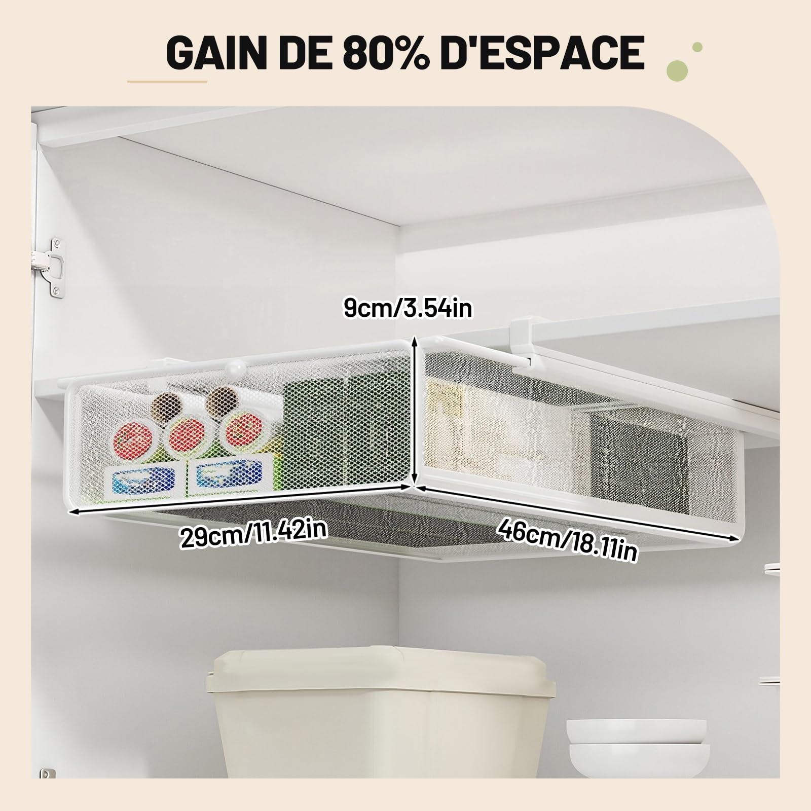 LOVIVER Panier en Fer à Tiroir Coulissant Suspendu, Panier de Rangement Coulissant sous Étagère, Organisateur de Rangement sous Armoire pour Chambre à Coucher/Comptoir/Armoire, Blanc, 29 * 46 * 9cm