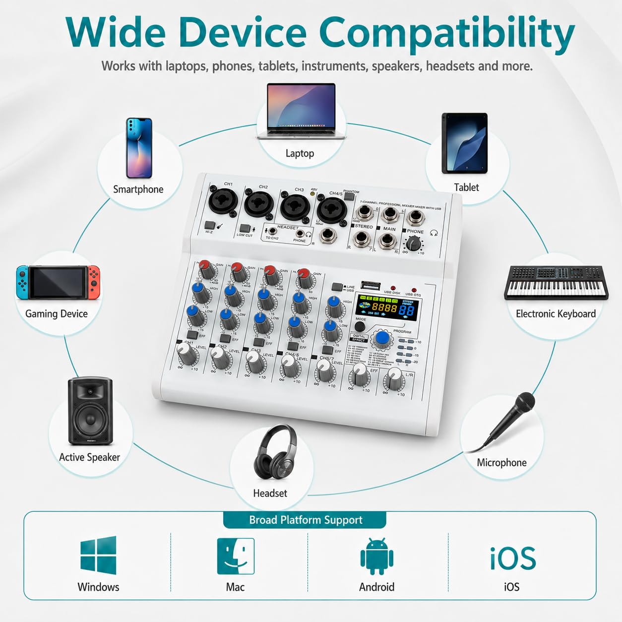 Mixer audio Bluetooth a 7 canali, mixer professionale con interfaccia audio USB, mixer con 88 tipi di DSP e 48 V CC, mixer per spettacoli palcoscenici, studi di registrazione, spettacoli DJ