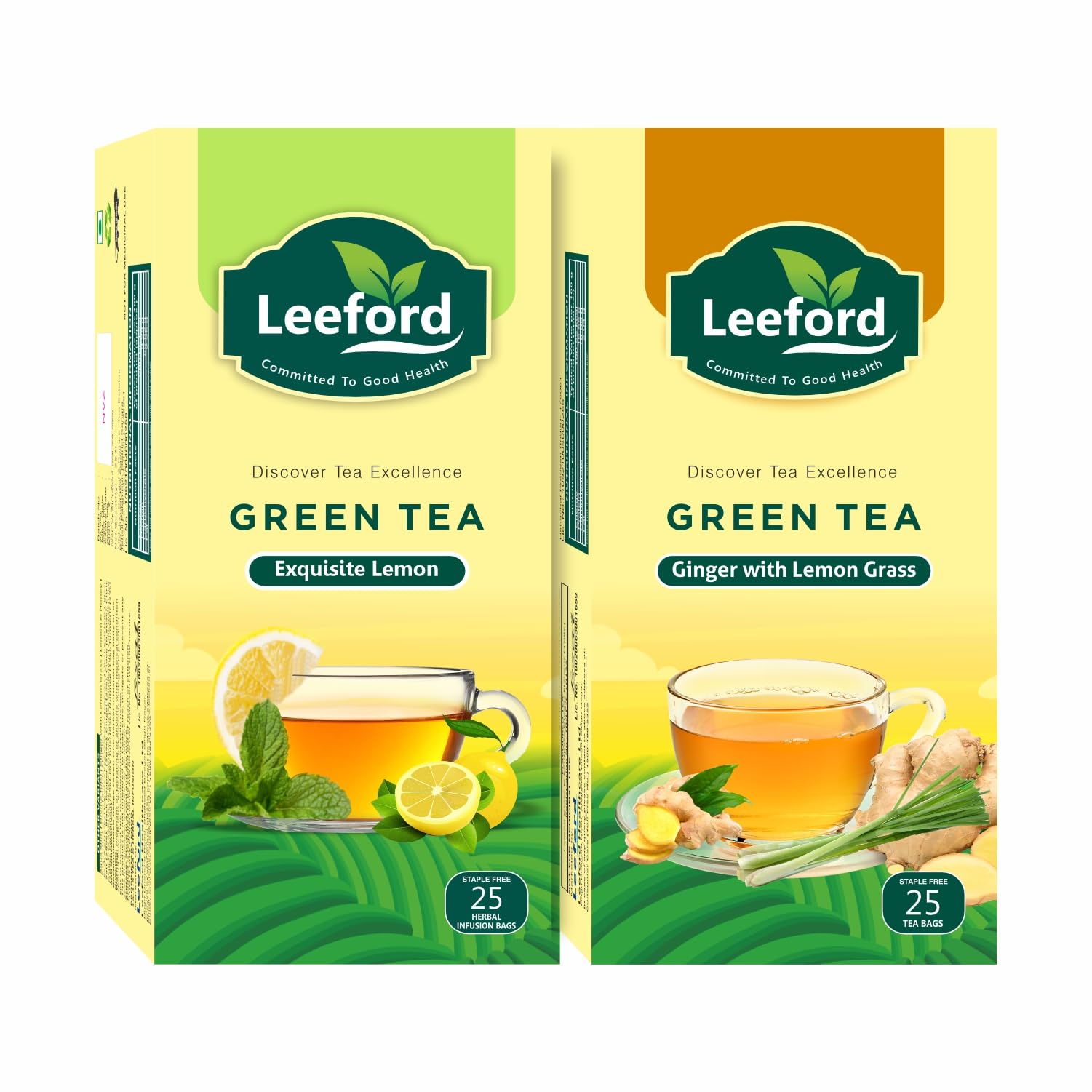 Leeford Green Tea Ginger with Lemon Grass+Exquisite Lemon with Refreshing Flavors of Lemon and ginger for immunity Booster and Healthy Benefits 25 Bags Each Pack of 2