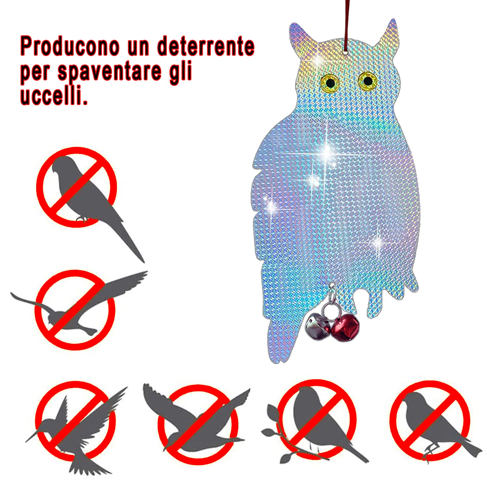 Annhao Set di 4 Gufo Spaventapasseri Riflettenti, Dissuasore per Uccelli Allontanare i Piccioni con Campanella Decorativa, Repellente per Uccelli Gufo Riflettente per Proteggere Balcone Orto Piante