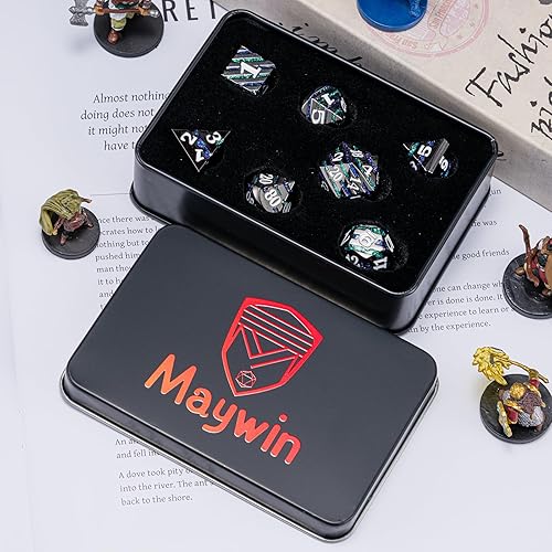 Miniatura 7 de DND - Juego de dados de mazmorras y dragones d20, dados de rayas metálicas con funda de regalo, juegos de dados poliédricos para juegos de mesa,