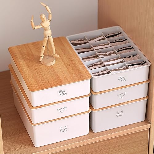 Miniatura 3 de Caja de almacenamiento de lujo con tapa de bambú para calcetines y ropa interior, 10 celdas + 15 celdas, organizadores de tela y cajas de