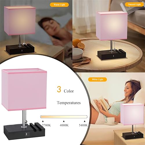 Miniatura 3 de Lámparas de noche para mesita de noche con cadena de tracción, lámpara de mesa con puertos de carga USB C+A y ranuras para teléfono, lámpara de