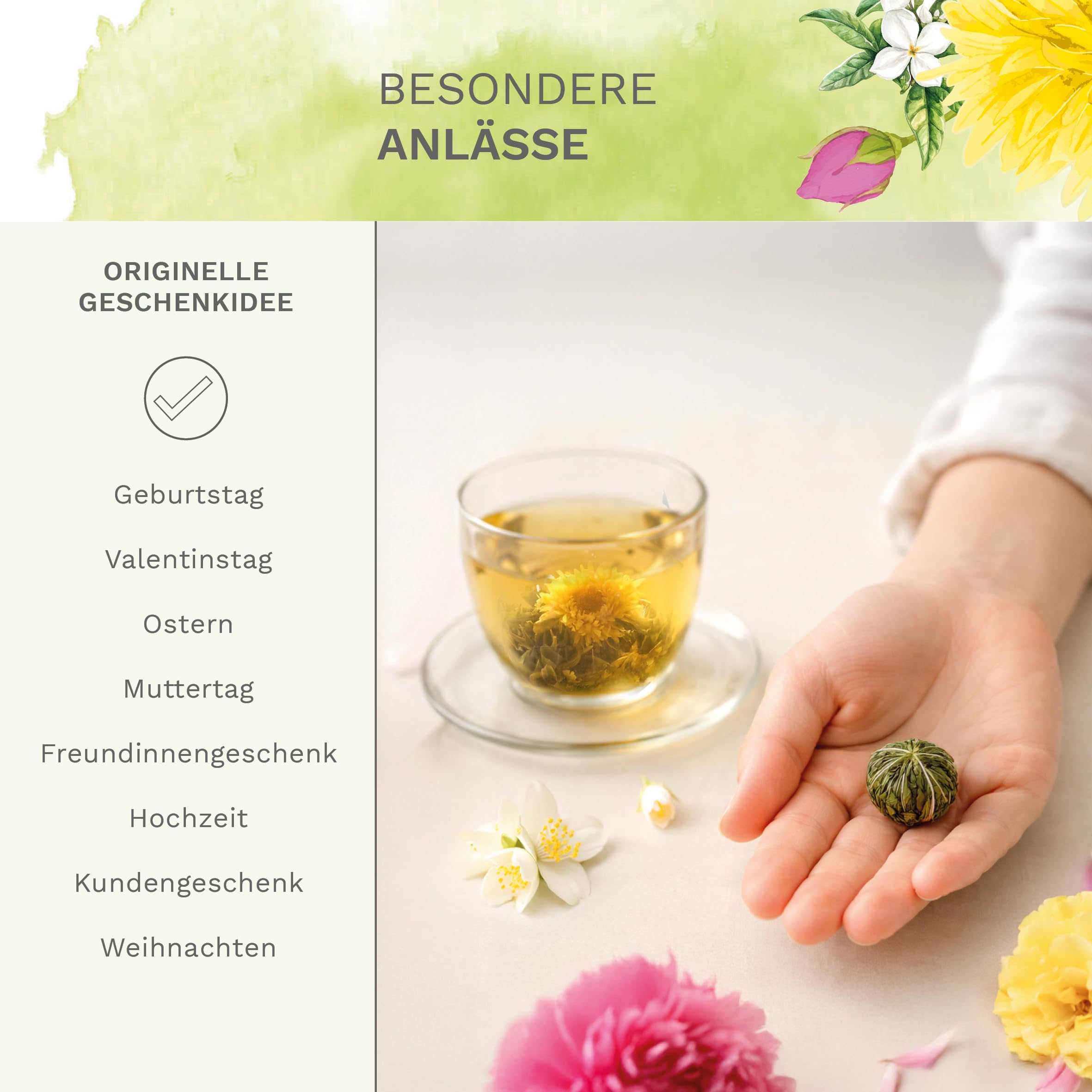 Creano Teeblumen Geschenkset - Flower Design - Erblühtee Frühjahrslese mit 500 ml Glaskanne und 6x grüner Tee - Geschenk zu Valentinstag, Muttertag