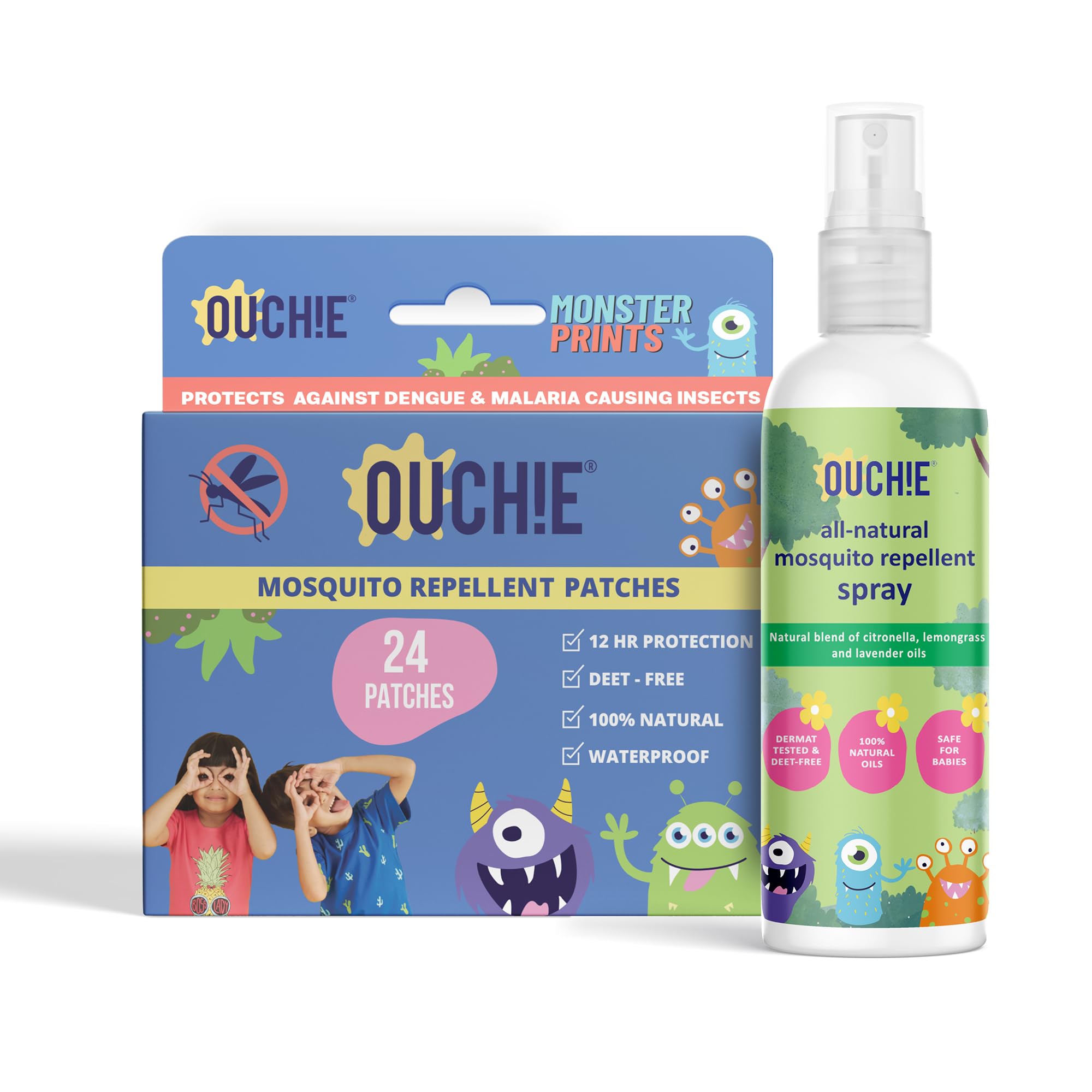 Ouchie 100% Natural Insect Repellent Spray (100ML) & Monster Print Mosquito Repellent Patches (24 Patches) - Combo Pack