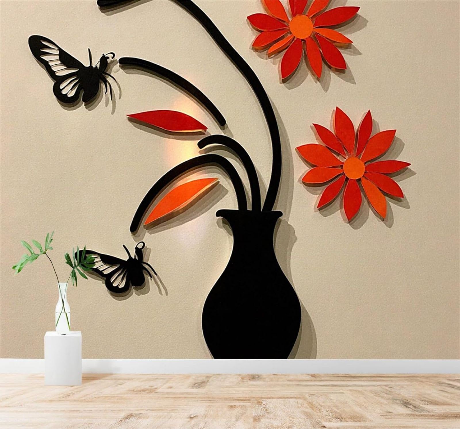 Tzxztt Minimalist Red Flowers Butterflies Black Vase Art Modern 3D Wallpaper Premium Textured Silk Neutral Tones Material Ideal for Living Room Bedroom-430cm×300cm