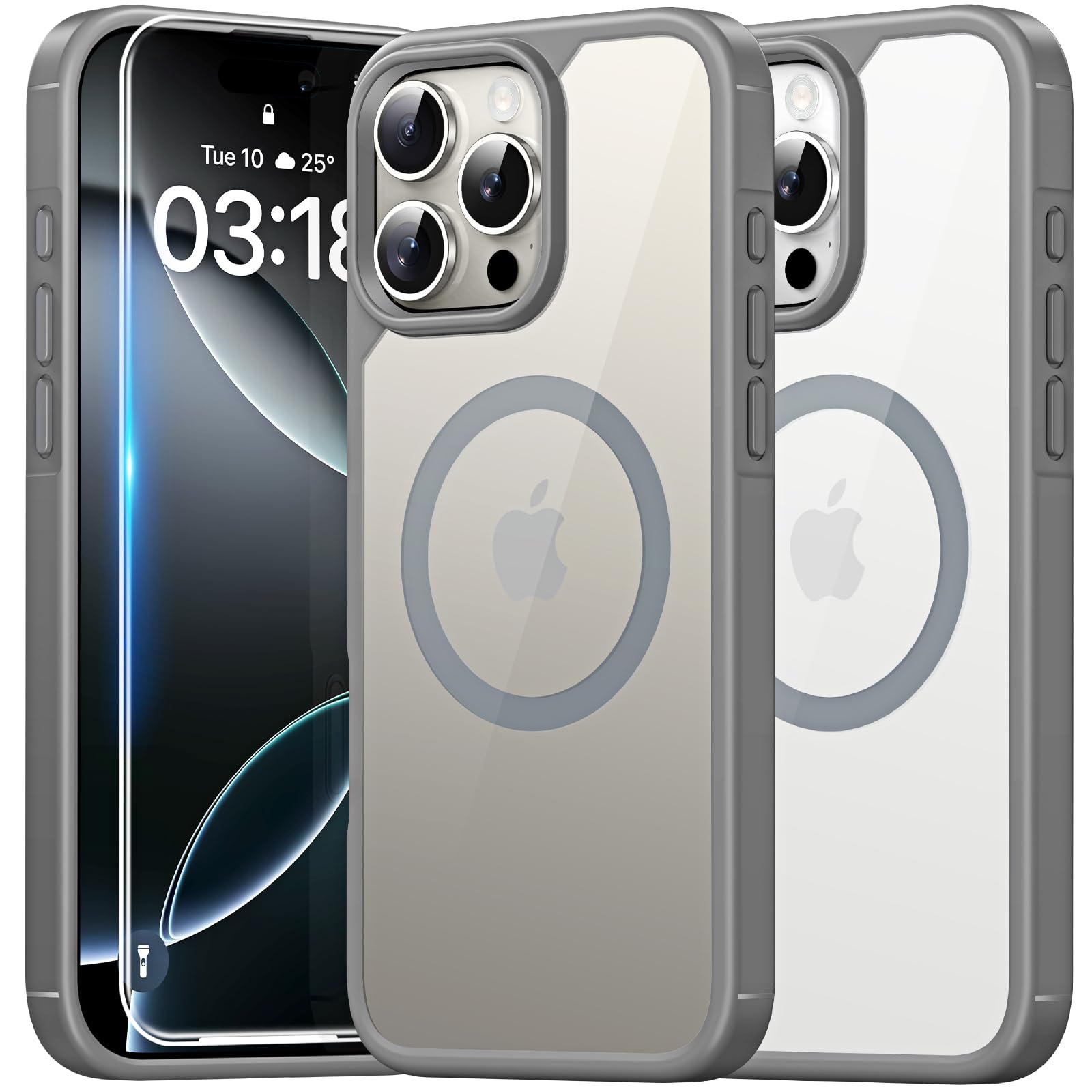 TAURI 3 in 1 Kit Magnetica Cover per iPhone 16 Pro [Compatibile con MagSafe] con 2 Pellicola in Vetro Temperato, Custodia Rigida per Sottile Anticaduta - Grigio