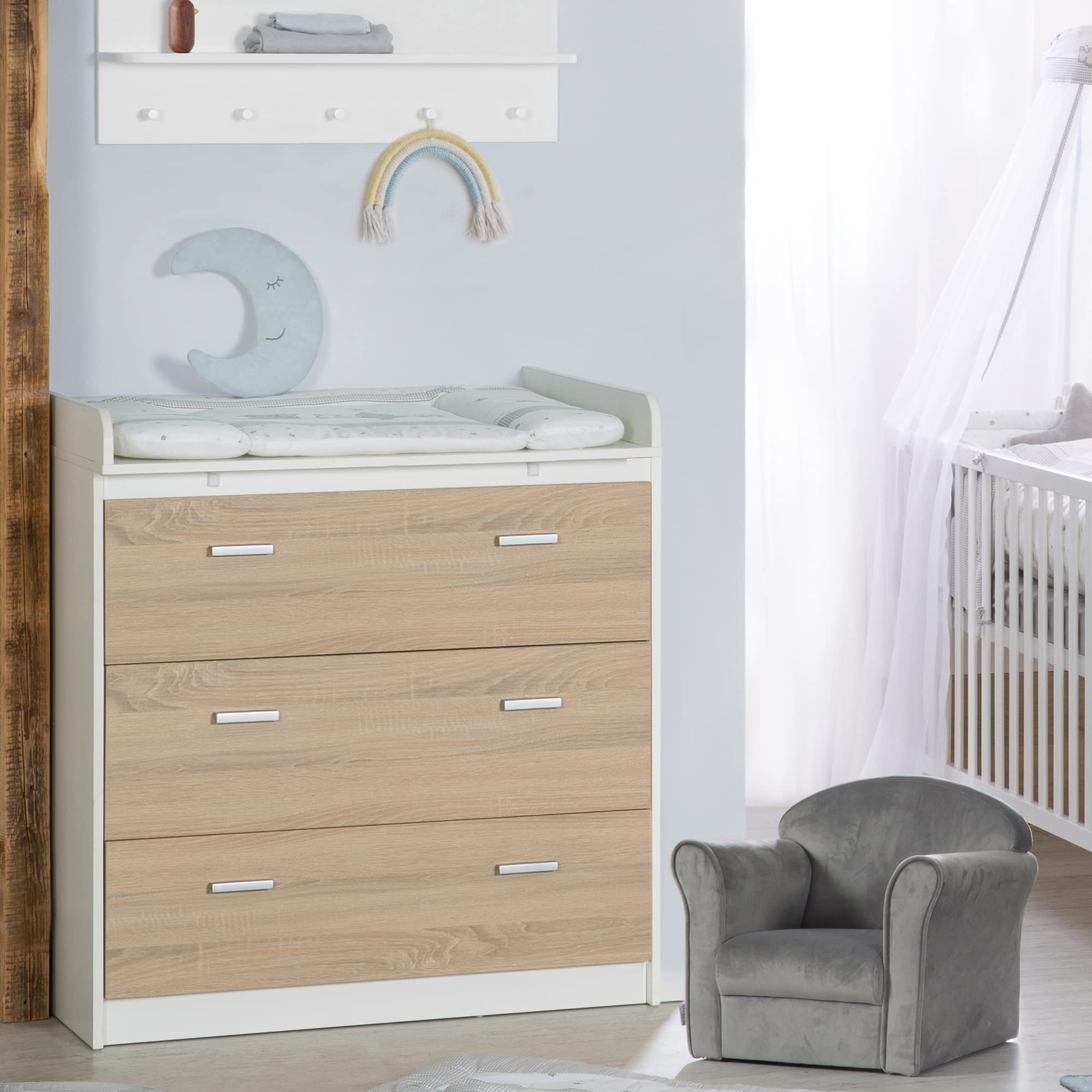 roba Chambre Bébé Complète Gabriella - Lit Évolutif 70 x 140 cm + Commode à Langer Étroit + Armoire 3 Portes - Blanc/Décor Bois