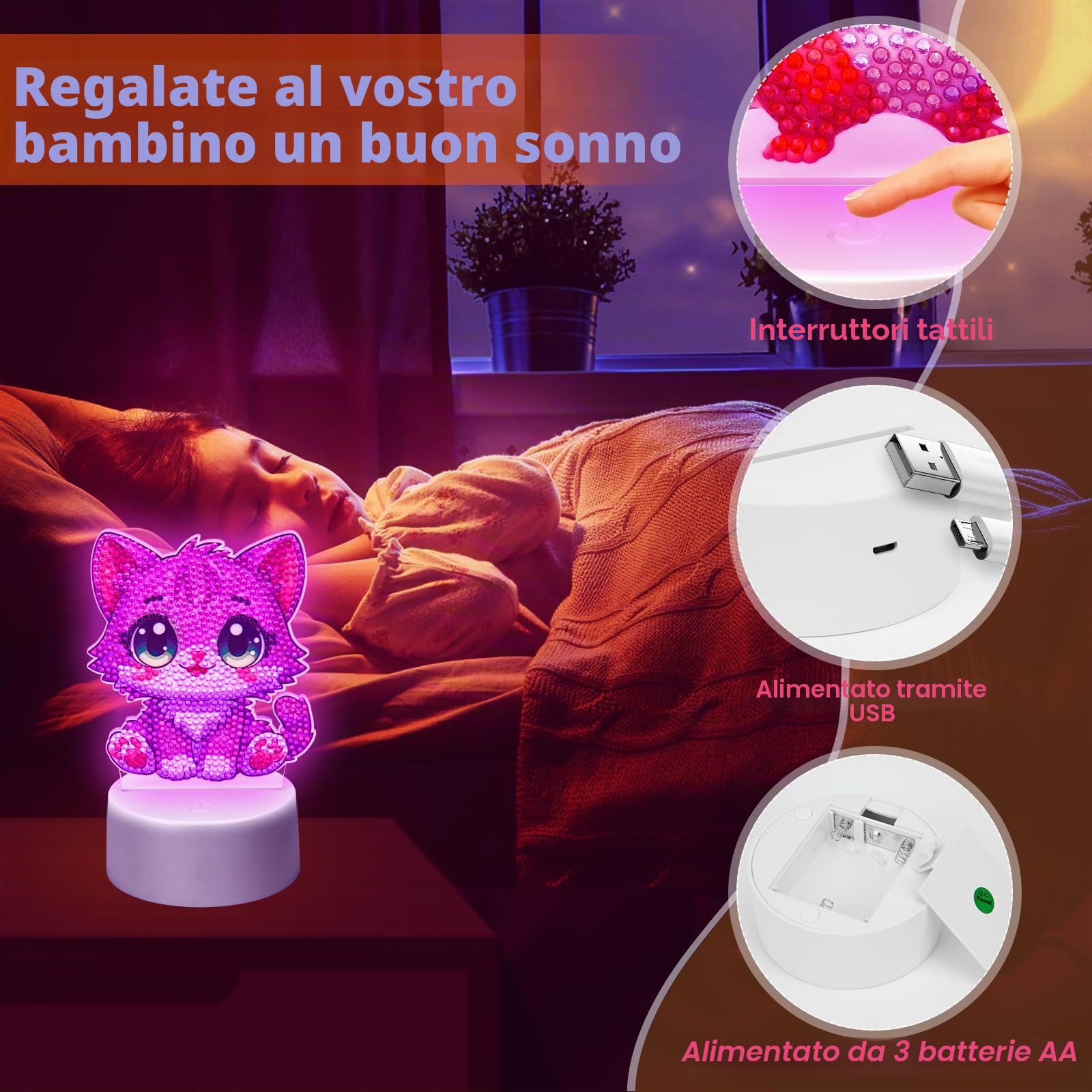 Diamond Painting Luce Notturna Regali Per Ragazze 5 6 7 8 9 10 Anni 3D Creative Diamond Painting Lampada Gatto Grigio, Regalo di Natale per Bambini dai 6 ai 12 anni
