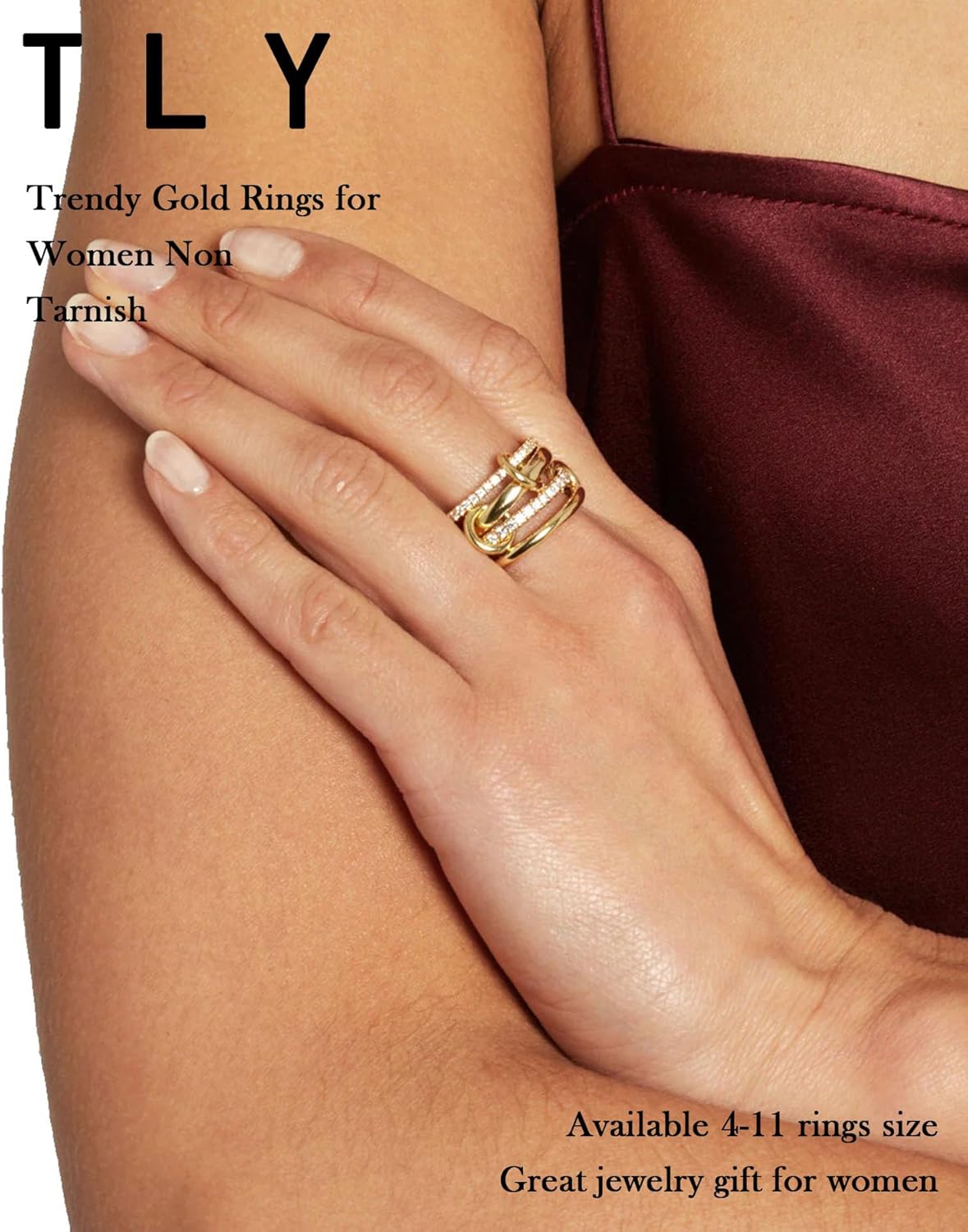 TLY Gold Silver Stackable Rings for Women Mixed Metal Interlocked Statement Ring Stack 14K Gold Plated Cubic Zirconia Fashion Two Tone Connected Bands Size 4-11 Valentines Day Jewelry gifts - Image 2