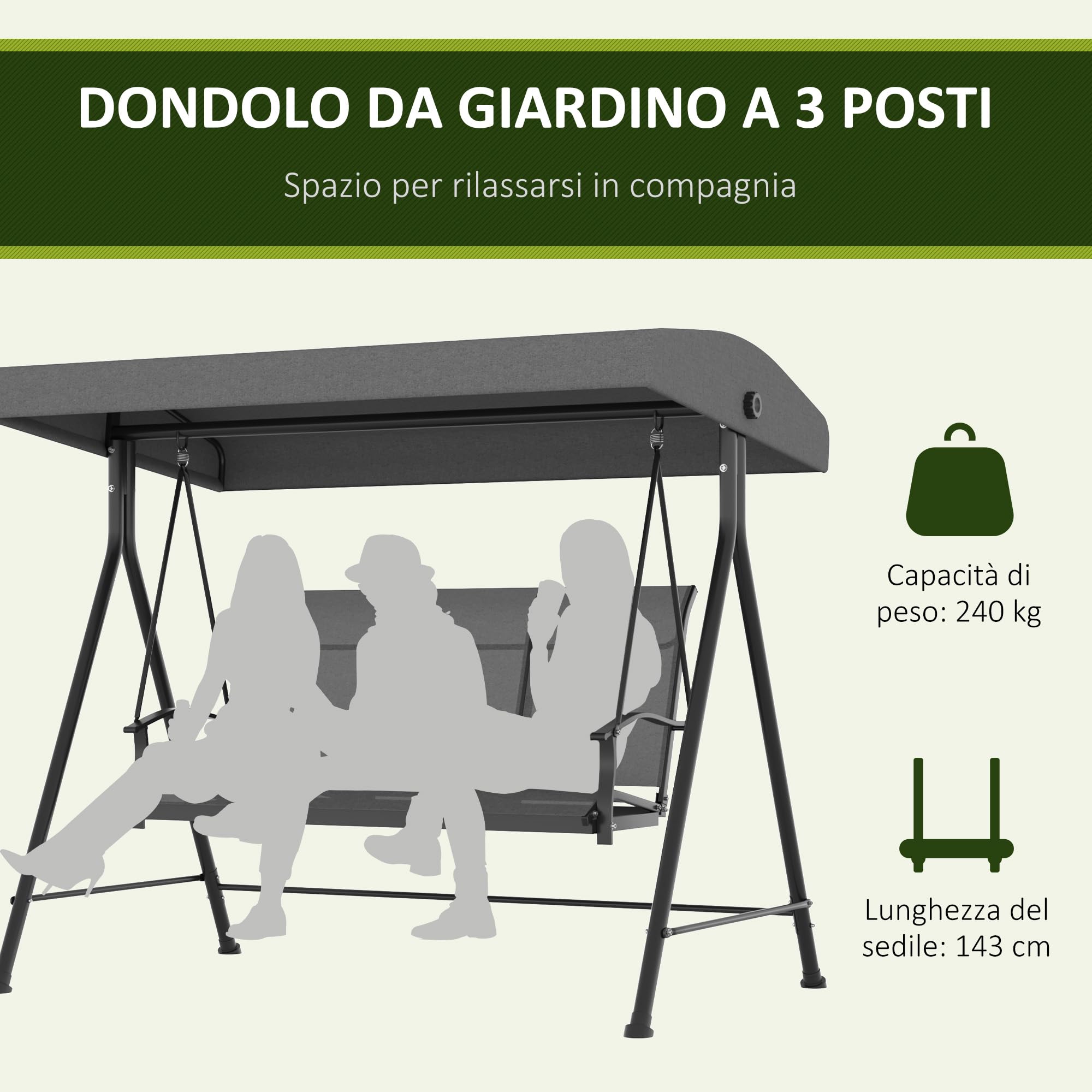 Outsunny Dondolo da Giardino 3 Posti con Tettuccio Parasole Regolabile, Dondolo da Esterno con Seduta Traspirante a Rete e Piedini Antiscivolo in Poliestere e Metallo, 200x133x176 cm, Grigio Scuro
