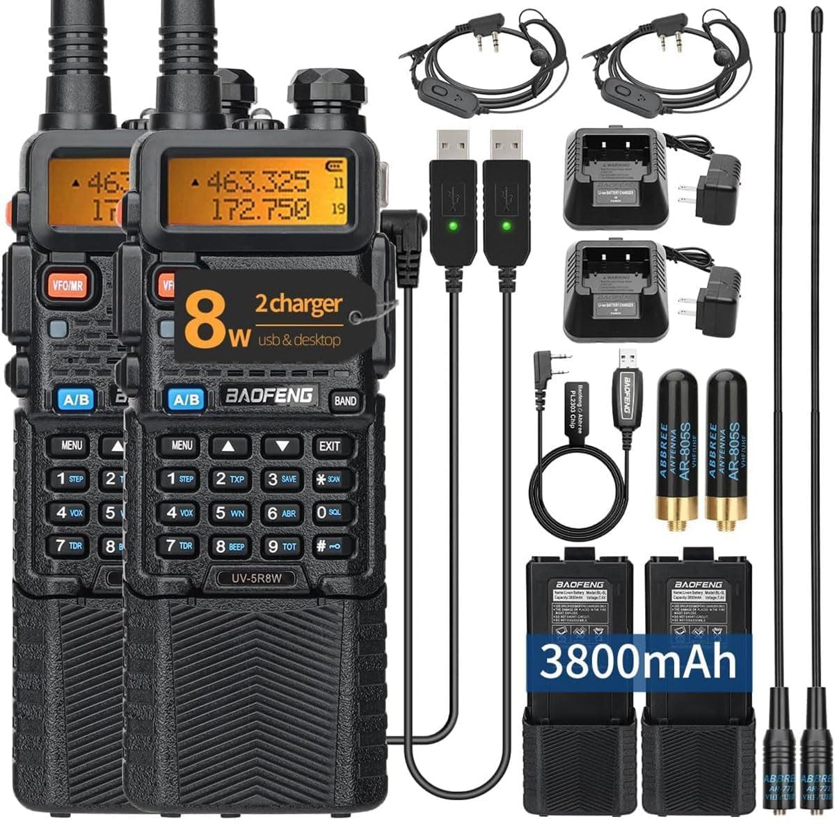 Ham Radio Handheld Baofeng UV-5R Radio 8W Long Range UV5R Dual Band 3800mAh Rechargeable Walkie Talkies Two Way Radio with Programming Cable and Earpiece for Survival Gear,2Pack