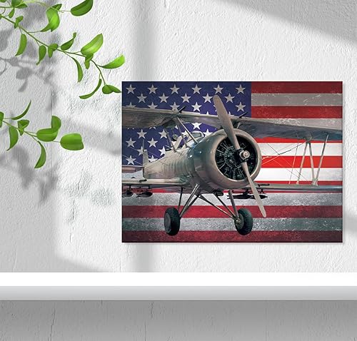 Miniatura 5 de Lienzo decorativo rústico con bandera estadounidense, bandera estadounidense y estilo antiguo de aviones, póster impreso para decoración de hogar,