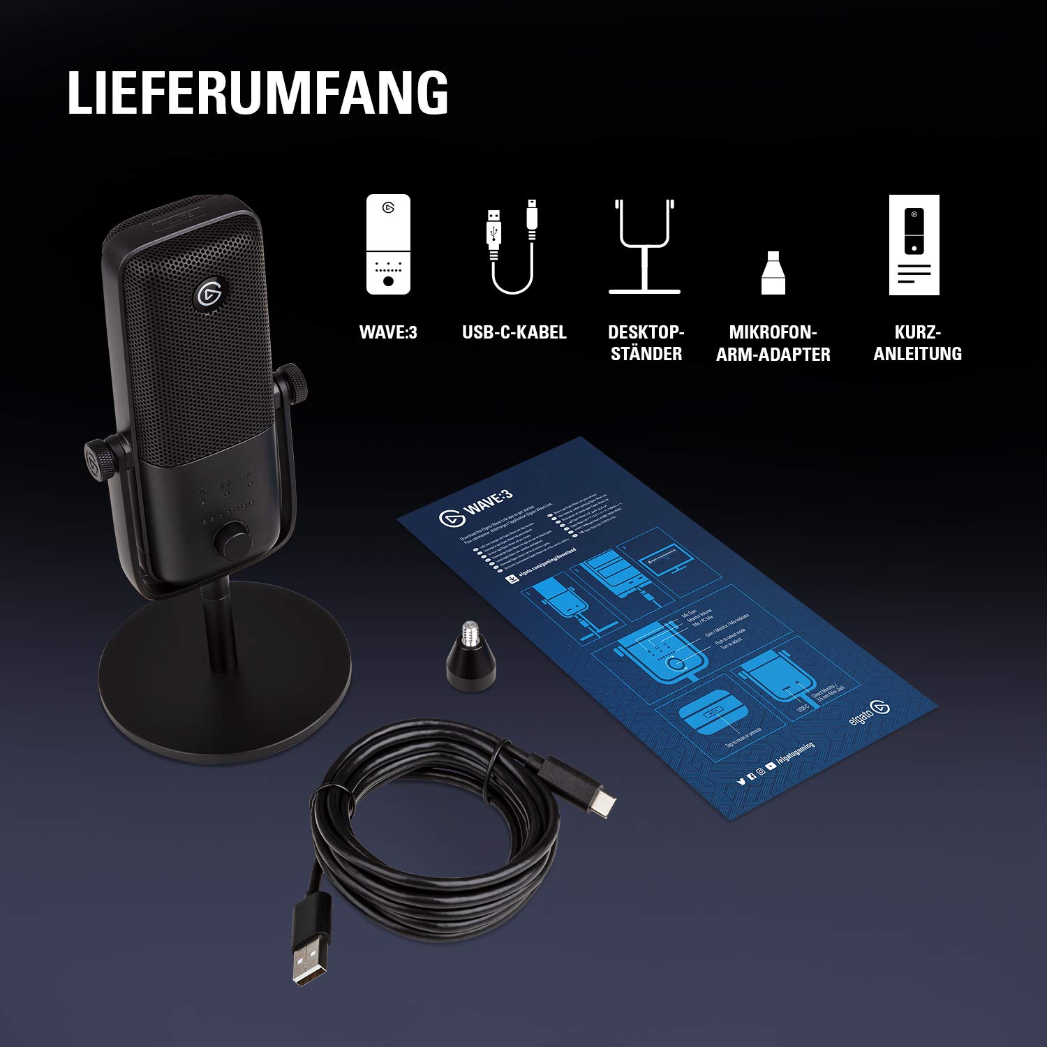 Elgato Wave:3 - Professionelles USB-Kondensatormikrofon für Streaming, Podcasts, Gaming und Homeoffice, gratis Mixing-Software, Soundeffekt-Plugins, Anti-Verzerrung, Plug & Play, für Mac - PC