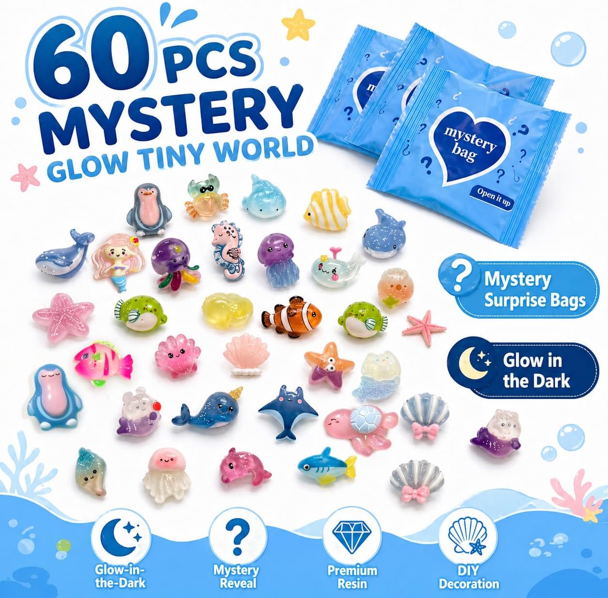 60 PCS Glow in the Dark Mini Resin Sea Animal Mystery Bags | Tiny Animal Figurines for Fairy Gardens, Classroom Prizes, Terrarium Decor, Party Favors, DIY Crafts