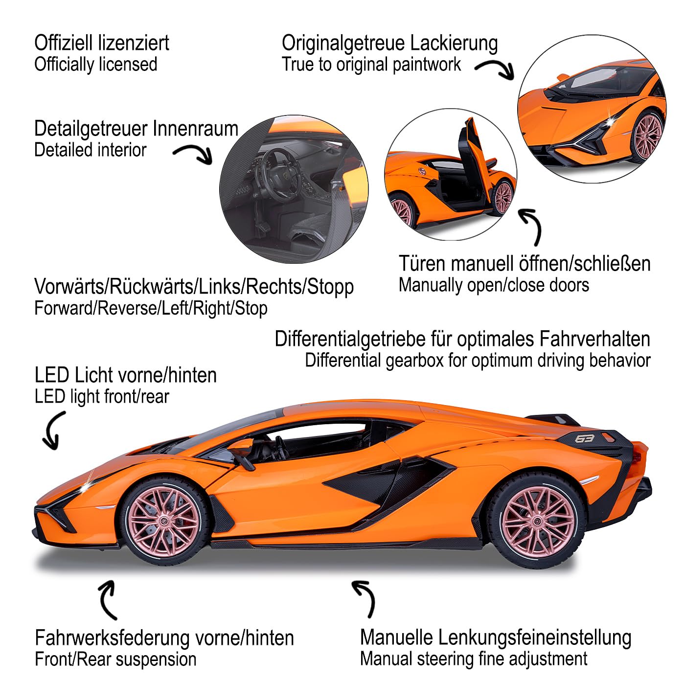 Jamara 403127 Lamborghini Sián 2,4 GHz 1:14 drzwi ręczne RC samochód, oficjalnie licencjonowany, do 1 godziny czasu jazdy, ok. 11 km/h, precyzyjnie odwzorowane szczegóły, szczegółowe wnętrze, pomarańczowy