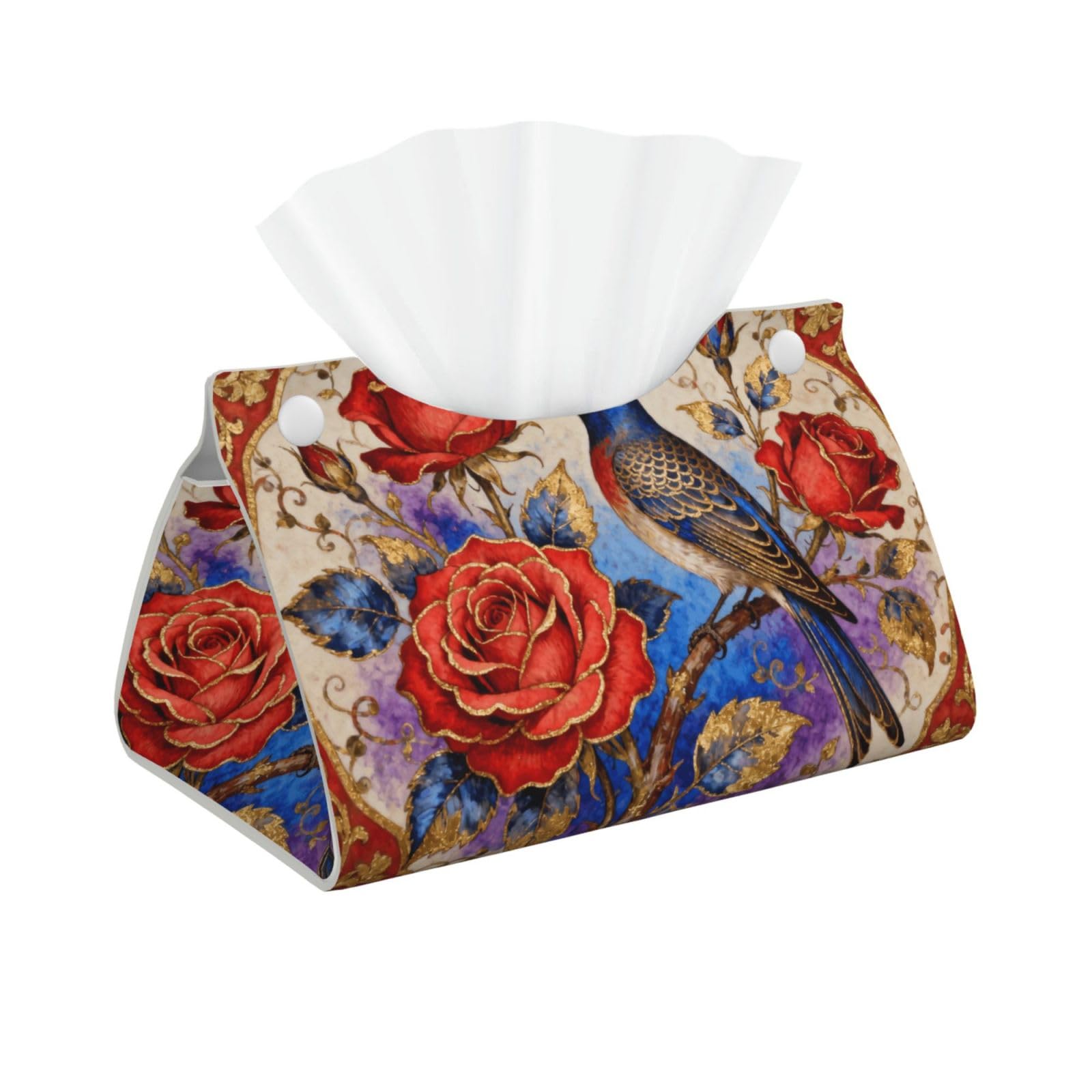 Roses and Birds Long Leather Tissue Box Cover-Waterproof PU Leather Tissue Holder for Bathroom, Decorative Rectangular Tissue Case