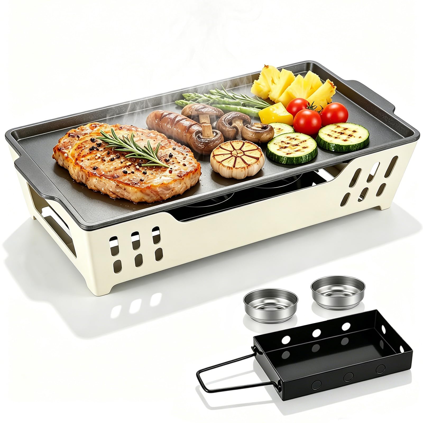 Warmhalteplatte für BBQ mit Edelstahlauflage, Speisenwärmer für Grillgut, Stövchen mit Teelichtfunktion, Warmhaltebehälter unplugged, Grillzubehör für Outdoor & Garten, mit 2 Alkoholbrenner (Weiß)
