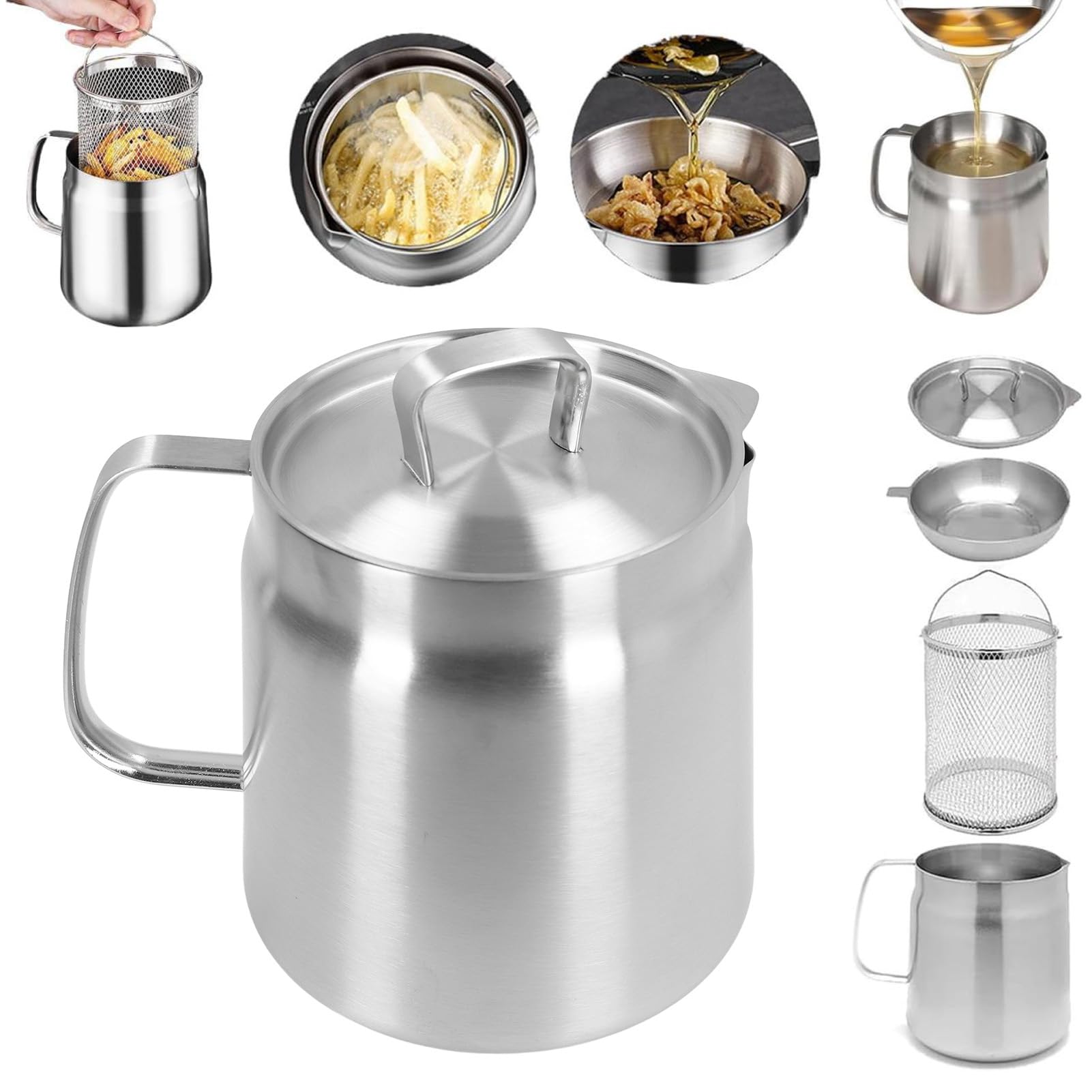 Récipient à Huile de Cuisson avec Passoire – Pot de Filtre à Huile en Acier Inoxydable 304 avec Couvercle, Friteuse à Huile, Poignée Facile à Prendre en Main (2L)