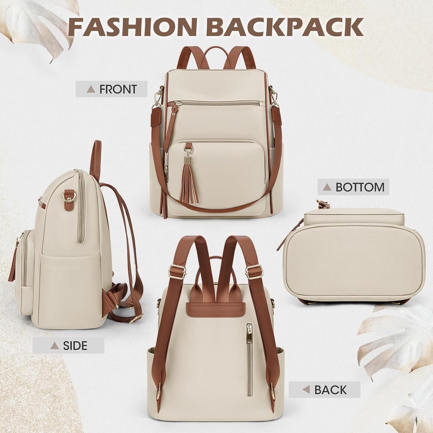 RAINSMORE Backpack Purse for Women Leather Travel Backpack Purse Waterproof Anti Theft Fashion Small Casual Mini Daypacks Ladies Convertible Handbags Shoulder Bag with Tassel, Beige and Brown - Image 8