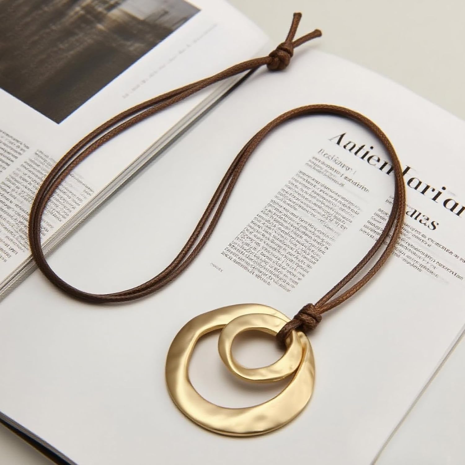 Gold Pendant Necklace for Women Adjustable Black Cord Organic Oval Charm Boho Statement Jewelry Gifts image 5