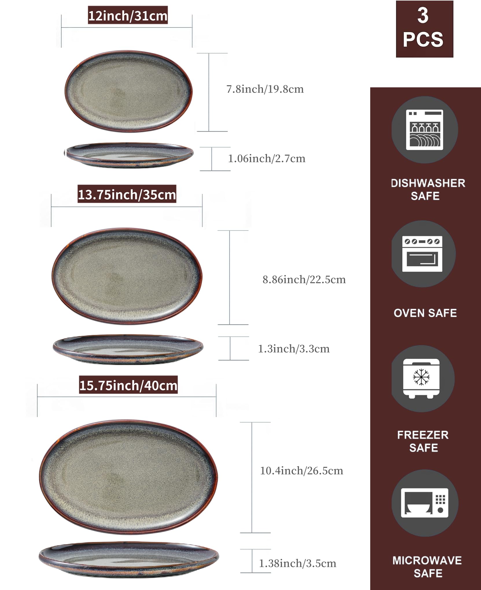Platos grandes de cerámica para servir, juego de 3 platos ovalados para entretenimiento. Platos de cocina modernos para cena, fruta, ensalada, pavo, etc. Apto para horno, lavavajillas, 15.75