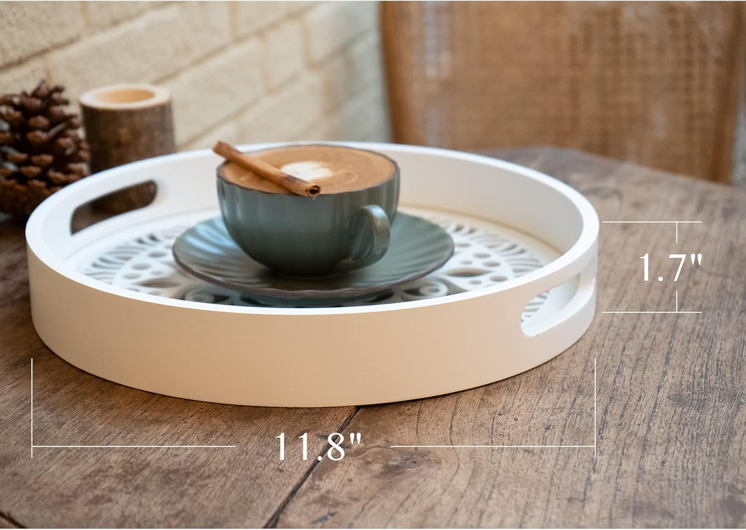 12" Decorative Tray, Round Wood Tray for Home Decor, Small Wooden Serving Tray with Handles for Coffee Table Decor Centerpiece Ottoman Counter,White Circle Candle Perfume Tray Decor - Image 7