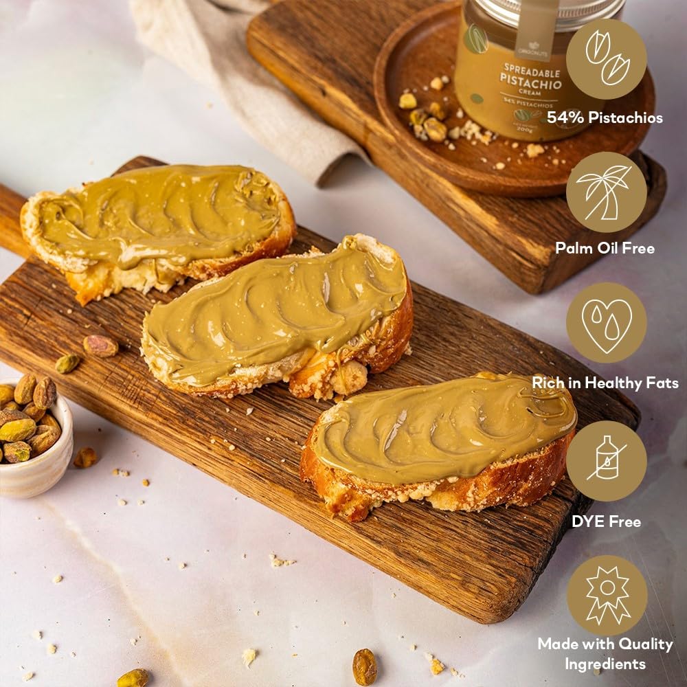 ORIGONUTS, Pate de Pistache 54% Pistaches, Creme Pistache - Base pour Gâteau, Creme, Dessertes, Glace, Patisserie, Chocolat Dubai - Sans Colorants, Sans Huile de Palme - 200 g