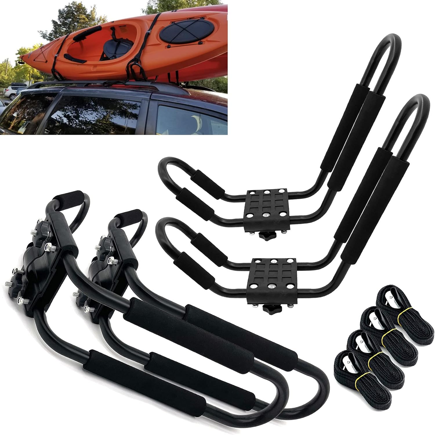 Telakeni 2 Pairs Kayak Carrier Racks, Universal Cars Kayak Canoe Roof
