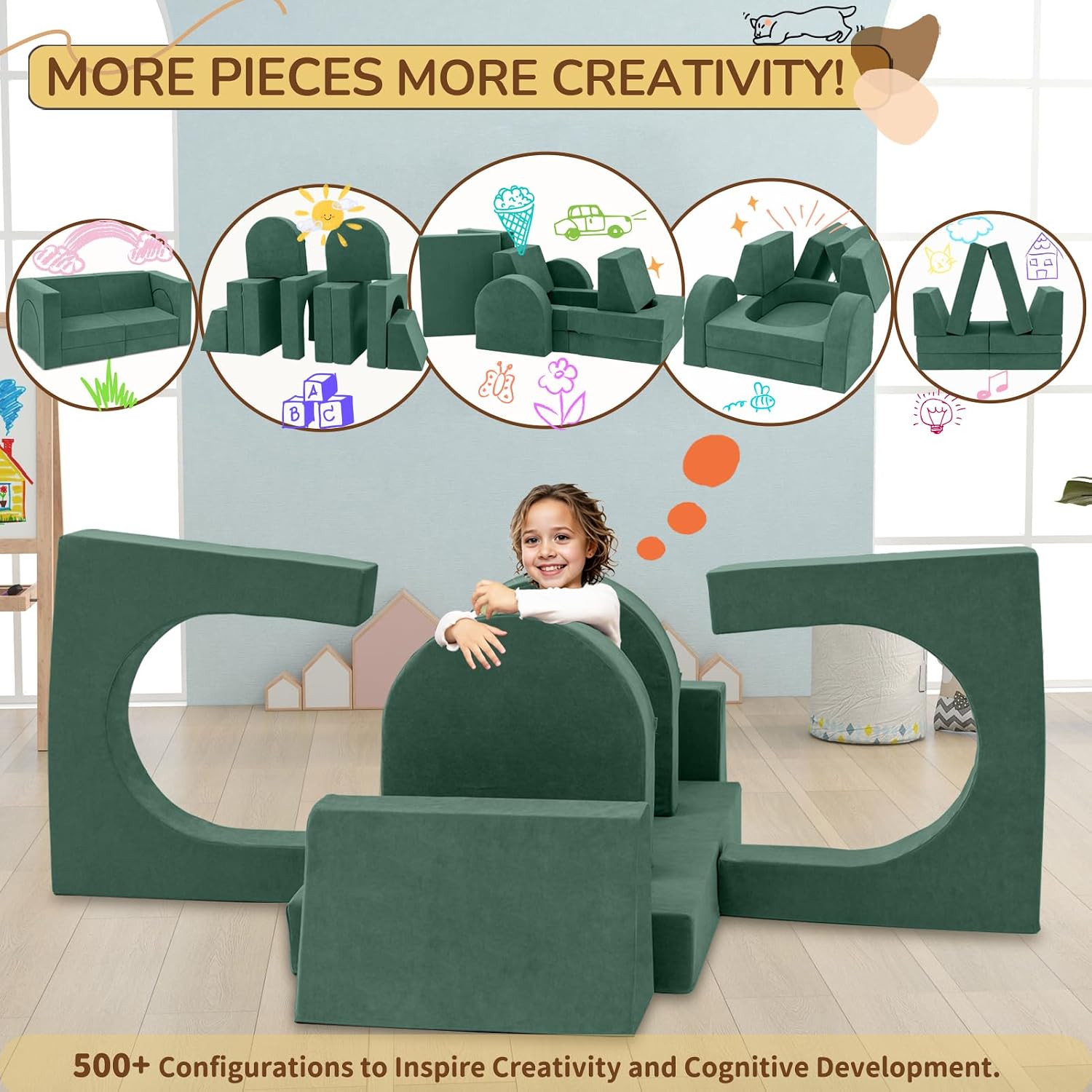 Fvkind 10 Pcs Modular Kids Play Couch for Playroom, Multifunctional Foam Kids Couch, Convertible Sectional Toddler Sofa for Boys and Girls, Toddler Sofa with Premium Foam and Washable Cover, Willow