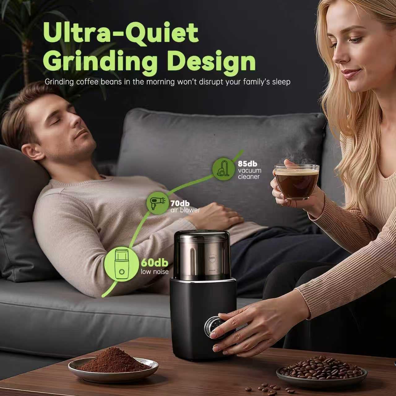 Electric Coffee Grinder for Coffee Beans, Spices and Herbs, Adjustable Grind Fineness, 1.8 oz Capacity, Hands-Free Operation, Leak-Proof Design, Odor-Free, Detachable and Easy to Clean, Black