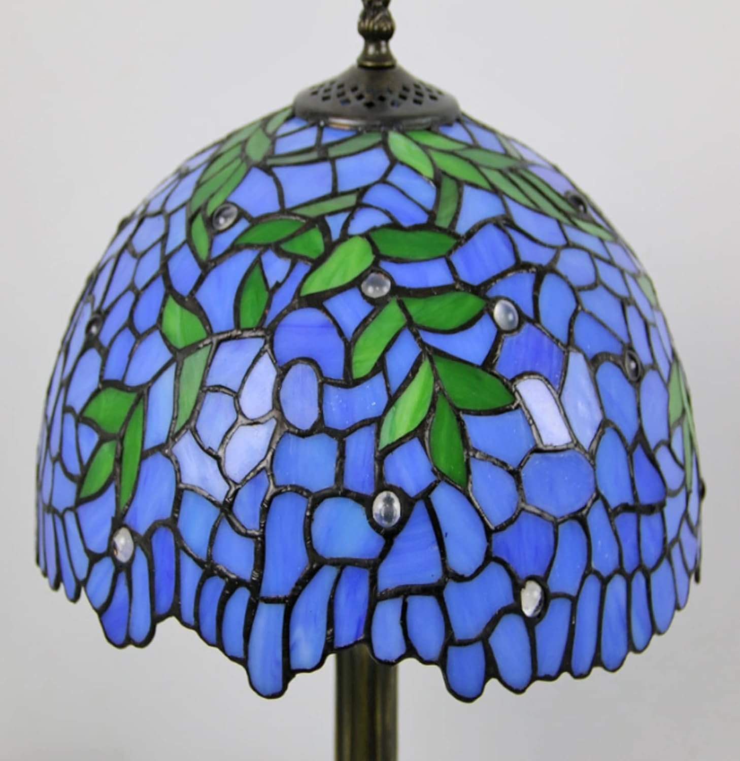 Tiffany Style Table Lamp Stained Glass Purple Bedside Desk Light W12inch 18inch Tall Green Leaves Lampshade Antique Base Lover Parent Friend Kid Bedroom Gift