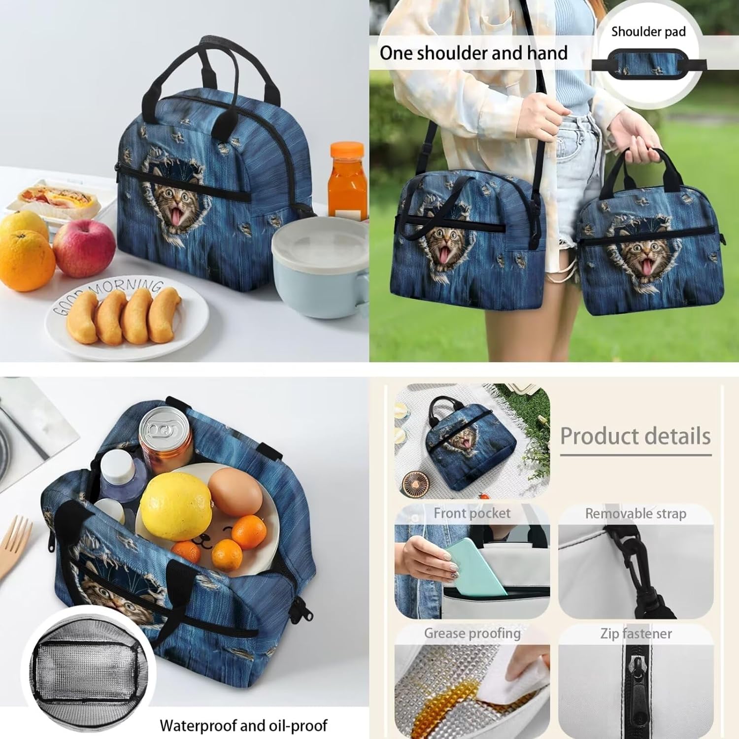 Funny Cat 4 pcs Teens School Bag Set with Water Bottle Sleeve Insulated Lunch Bag Kit Pen Bags, School Supplies Include Backpack Book Bag for Kids Teens Boys Girls
