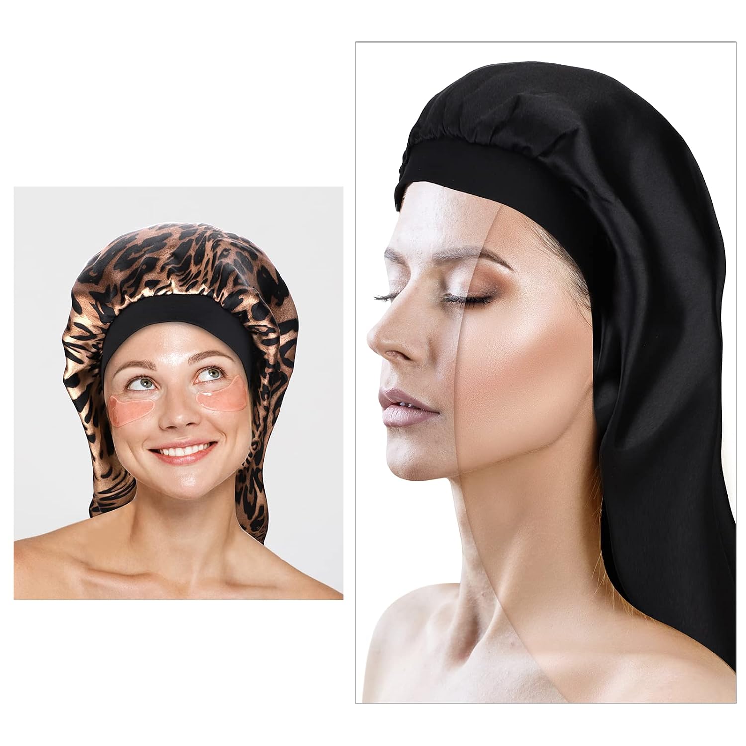 Elcoho 3 Pack Satin Sleep Cap Soft Elastic Band Loose Cap Bonnets for Braids, Dreadlocks, Curly, Long Curly Hair with Makeup Bag, Black, Leopard, Blue Leaf
