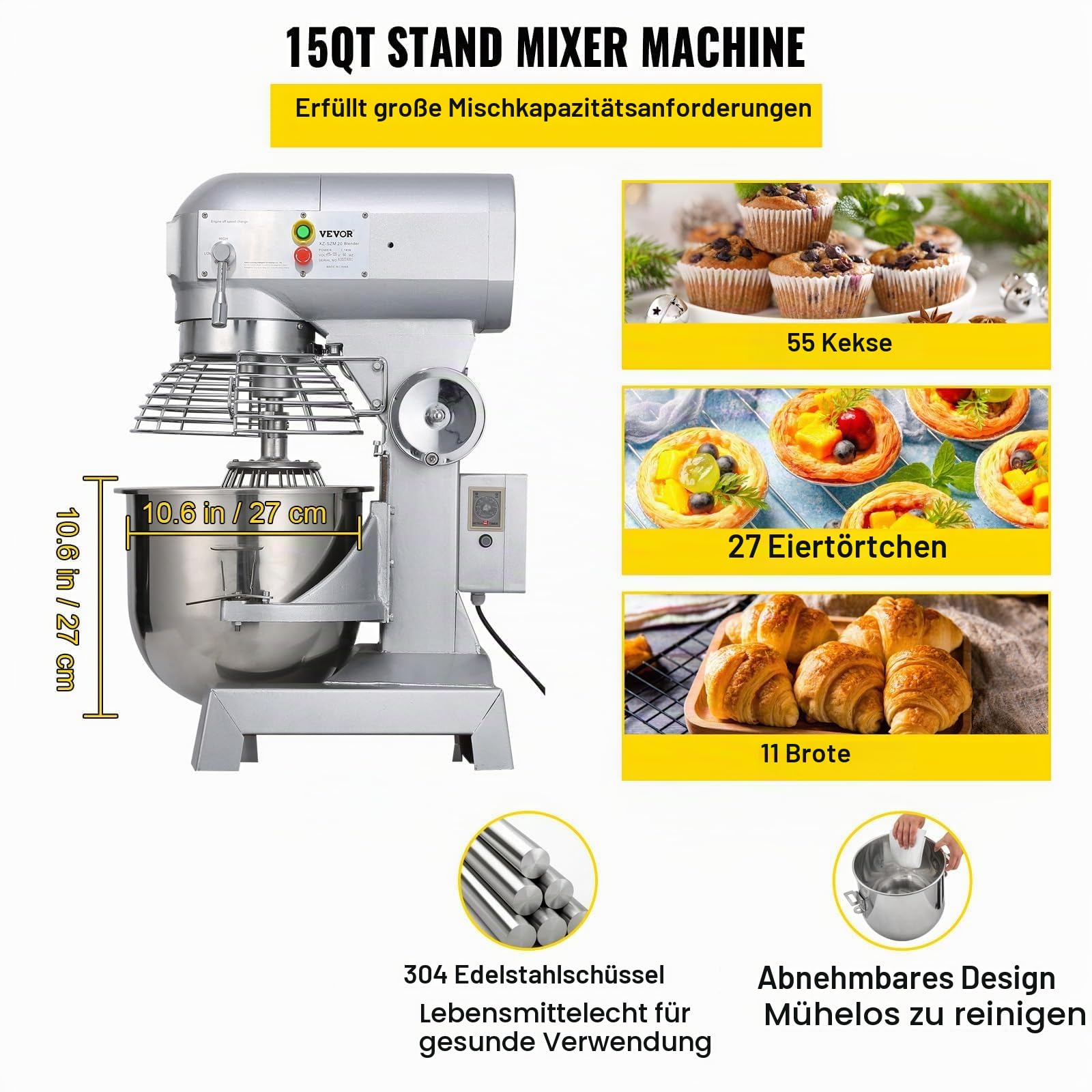 VEVOR Teigknetmaschine Küchenmaschine, 15 Qt Edelstahl Teigmixer, 600 W, einstellbar (130/233/414 U/min), inkl. Edelstahlschüssel, Knethaken, Schneebesen, Rührbesen, ideal für Bäckereien, Restaurants